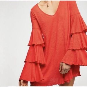 Free People Seashore Mini Dress orange ruffle long sleeve flowy cover up small